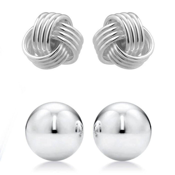 2-Pairs: Sterling Silver Love Knot and Ball Stud Earring Set by DailySale
