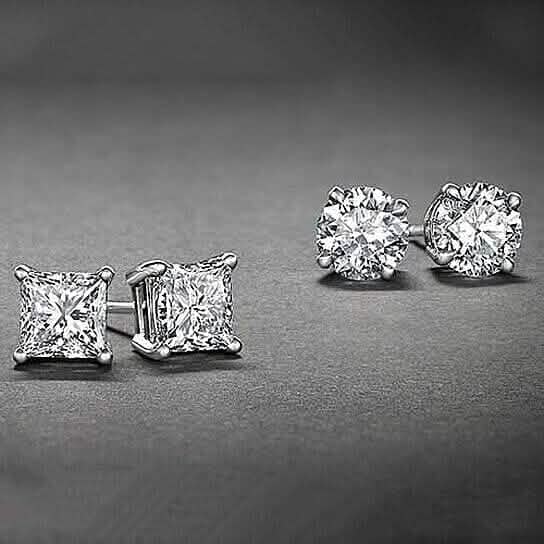 2-Pairs: White Gold High Polish Finish Stud Earrings Cubic Zirconia Round and Princess Cut by DailySale
