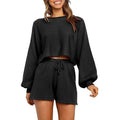 2-Piece: Knit Outfits Puff Sleeve Crop Top Shorts Set Sweater Sweatsuit by DailySale