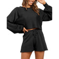 2-Piece: Knit Outfits Puff Sleeve Crop Top Shorts Set Sweater Sweatsuit by DailySale