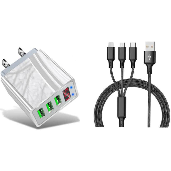 2-Piece Set: 3-Port LED Display High Speed Wall Charger White + 3-in-1 Cable Combo by DailySale