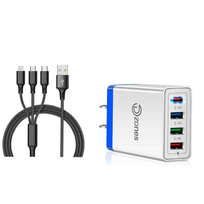 2-Piece Set: 4-Port High Speed Wall Charger + 3-in-1 Cable Combo by DailySale