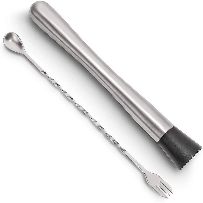 2-Piece Set: Hiware 10 Inch Stainless Steel Cocktail Muddler and Mixing Spoon Home Bar Tool Set by DailySale