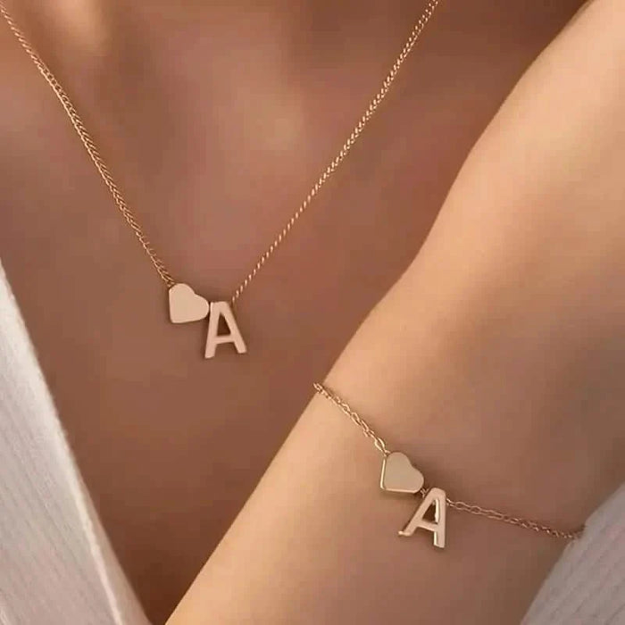 2-Piece Set: Metal Heart And English Letter Necklace And Bracelet by DailySale
