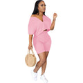 2-Piece Set: Women Solid Color Short Sleeves Zipper Casual Jumpsuit Outfits by DailySale
