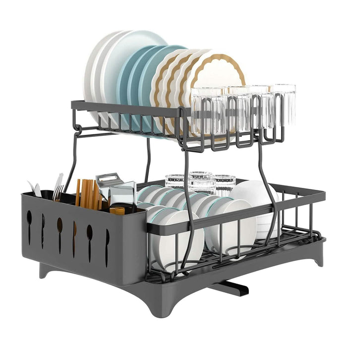 2-Tier Dish Rack Drainer Organizer Set with Utensil Cup Holder Rack Swivel Spout by DailySale