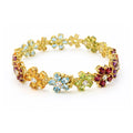 20.9 Ct Rainbow Multi-Gemstone Prong Yellow Gold Plated Silver Floral Cluster Inline Box Clasp Tennis Bracelet by Fine Color Jewels