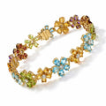 20.9 Ct Rainbow Multi-Gemstone Prong Yellow Gold Plated Silver Floral Cluster Inline Box Clasp Tennis Bracelet by Fine Color Jewels
