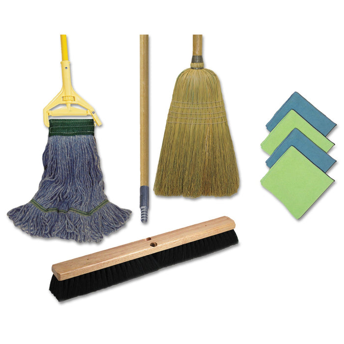 Boardwalk Cleaning Kit, Medium Blue Cotton/Rayon/Synthetic Head, 60" Natural/Yellow Wood/Metal Handle