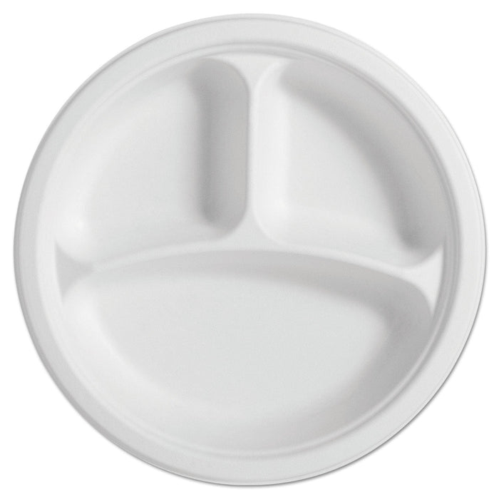 Chinet PaperPro Naturals Fiber Round Plates, 3-Compartment, 10.25" dia, Natural, 125/Pack, 4 Packs/Carton