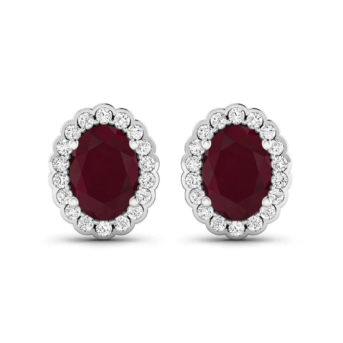 1.90 Ct Oval Pink Ruby & Diamond Prong 14K Gold Halo Stud Earrings by Fine Color Jewels