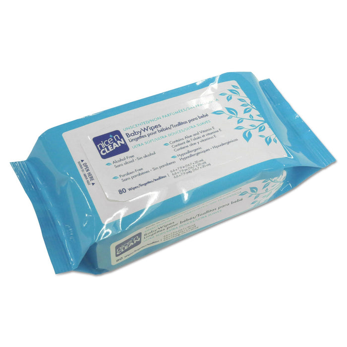 Sani Professional Nice 'n Clean Baby Wipes, 6.6 x 7.9, Unscented, White, 80/Pack, 12 Packs/Carton