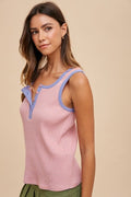 Contrast Striped Rib Henley Tank Top - Light Mauve by Boutique 23