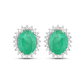 2.40 Ct Oval Green Zambian Emerald & Diamond Prong 10K Gold Halo Stud Earrings by Fine Color Jewels
