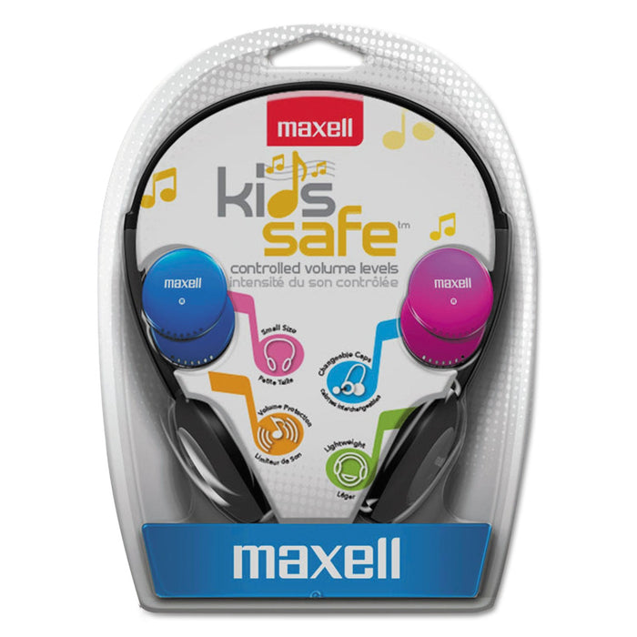 Maxell Kids Safe Headphones, 4 ft Cord, Black with Interchangeable Pink/Blue/Silver Caps