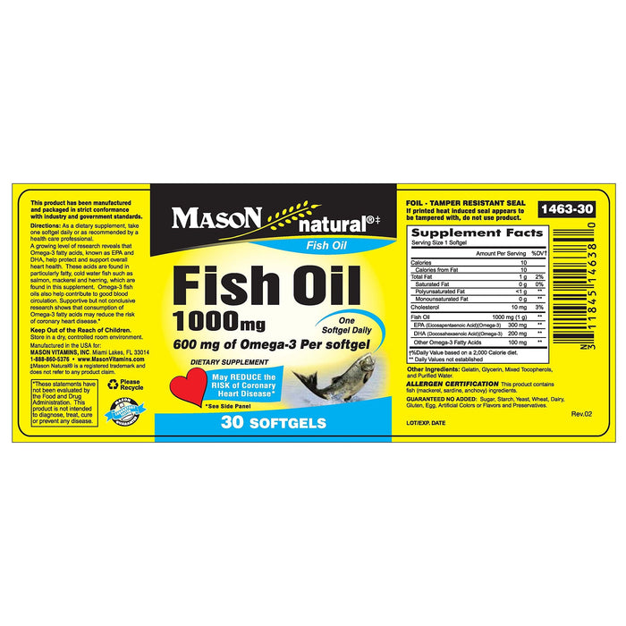 Mason Natural Fish Oil - Super Omega-3 (1000 Mg) Softgels by Pasteur Pharmacy