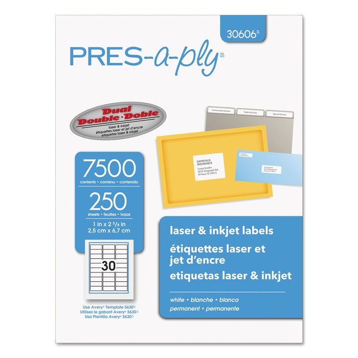 PRES-a-ply Labels, Laser Printers, 1 x 2.63, White, 30/Sheet, 250 Sheets/Box