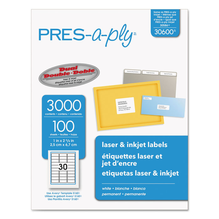 PRES-a-ply Labels, Laser Printers, 1 x 2.63, White, 30/Sheet, 100 Sheets/Box
