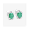 2.40 Ct Oval Green Zambian Emerald & Diamond Prong 10K Gold Halo Stud Earrings by Fine Color Jewels