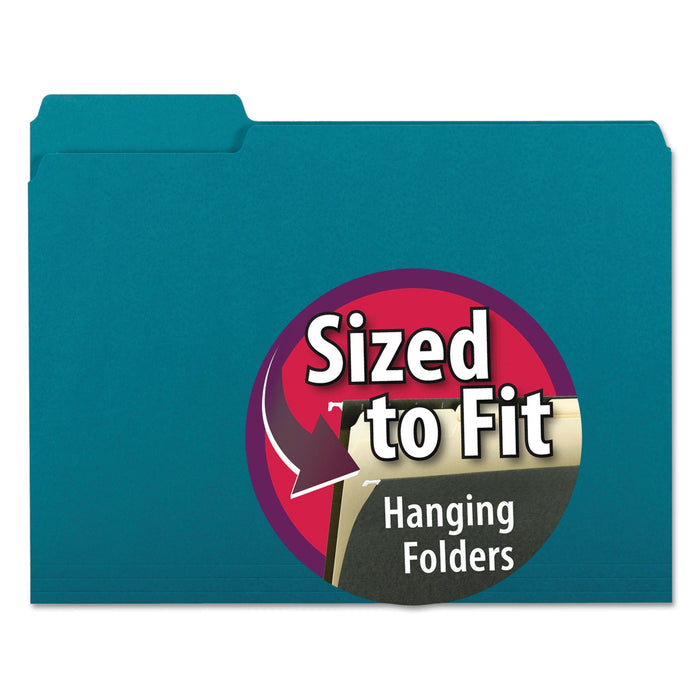 Smead Interior File Folders, 1/3-Cut Tabs: Assorted, Letter Size, 0.75" Expansion, Teal, 100/Box