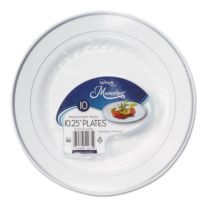 WNA Masterpiece Plastic Plates, 10.25" dia, White with Silver Accents, Round, 10/Pack, 12 Packs/Carton