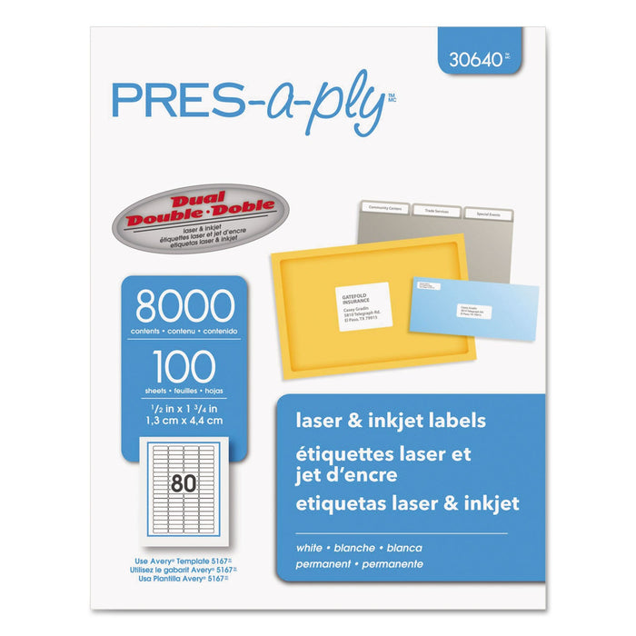 PRES-a-ply Labels, Inkjet/Laser Printers, 0.5 x 1.75, White, 80/Sheet, 100 Sheets/Pack