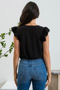 Split Neck Ruffle Sleeve Blouse - Black by Boutique 23
