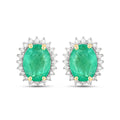 2.40 Ct Oval Green Zambian Emerald & Diamond Prong 10K Gold Halo Stud Earrings by Fine Color Jewels