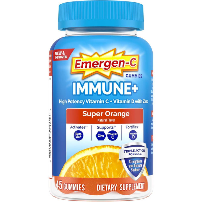 Emergen-C Immune+ Gummies (45 Count, Super Orange Flavor) Immune System Support With 500mg Vitamin Dietary Supplement, Caffeine Free, Gluten Free by Pasteur Pharmacy