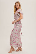 Floral Print Ruffle Hem Wrap Maxi Dress - Rose by Boutique 23