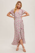 Floral Print Ruffle Hem Wrap Maxi Dress - Rose by Boutique 23