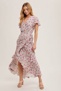 Floral Print Ruffle Hem Wrap Maxi Dress - Rose by Boutique 23