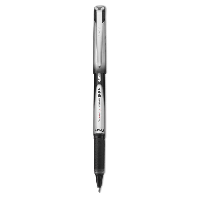 Pilot VBall Grip Liquid Ink Roller Ball Pen, Stick, Fine 0.7 mm, Black Ink, Black/Silver Barrel, Dozen