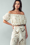 Elastic Off Shoulder Floral Crop Blouse - Taupe by Boutique 23