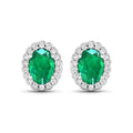 1.40 Ct Oval Green Zambian Emerald & Diamond Prong 14k Gold Halo Stud Earrings by Fine Color Jewels