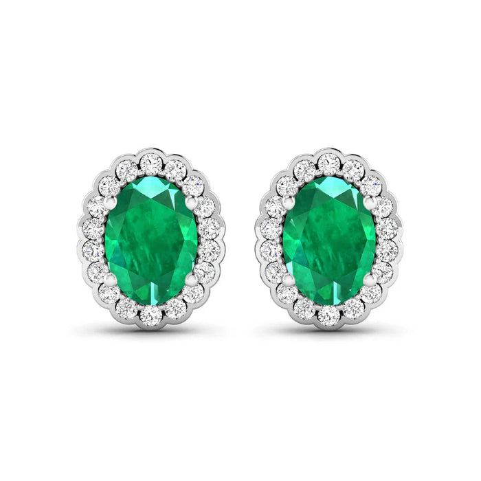 1.40 Ct Oval Green Zambian Emerald & Diamond Prong 14k Gold Halo Stud Earrings by Fine Color Jewels