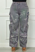 Time to Shine Grey Acid Wash High Waisted Cargo Plus Size Pants by Fasheabe