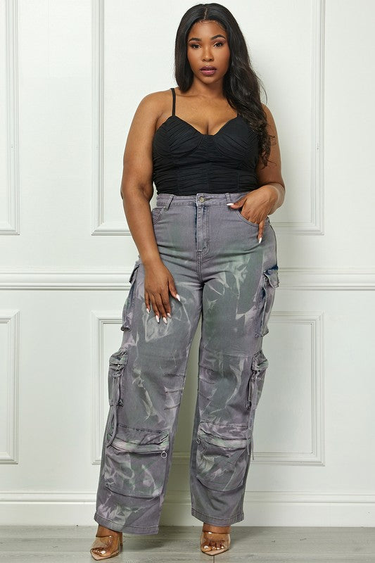 Time to Shine Grey Acid Wash High Waisted Cargo Plus Size Pants by Fasheabe