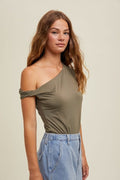 Asymmetrical One Shoulder Knit Top - Olive by Boutique 23