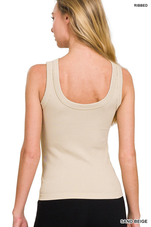2 Way Neckline Seamless Ribbed Tank Top: Sand Beige by Boutique 23