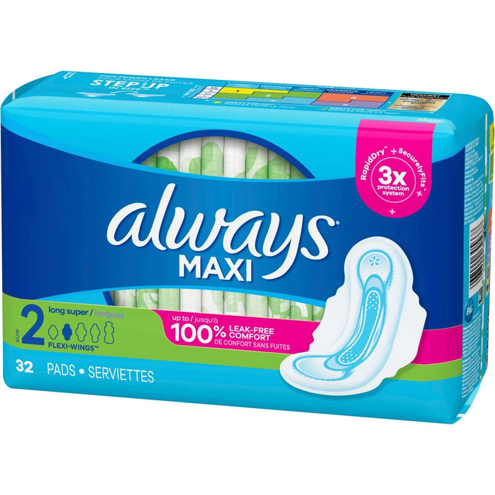 Always Maxi Pads with Wings, Size 2 Super Long, Unscented, 32 Count by Pasteur Pharmacy