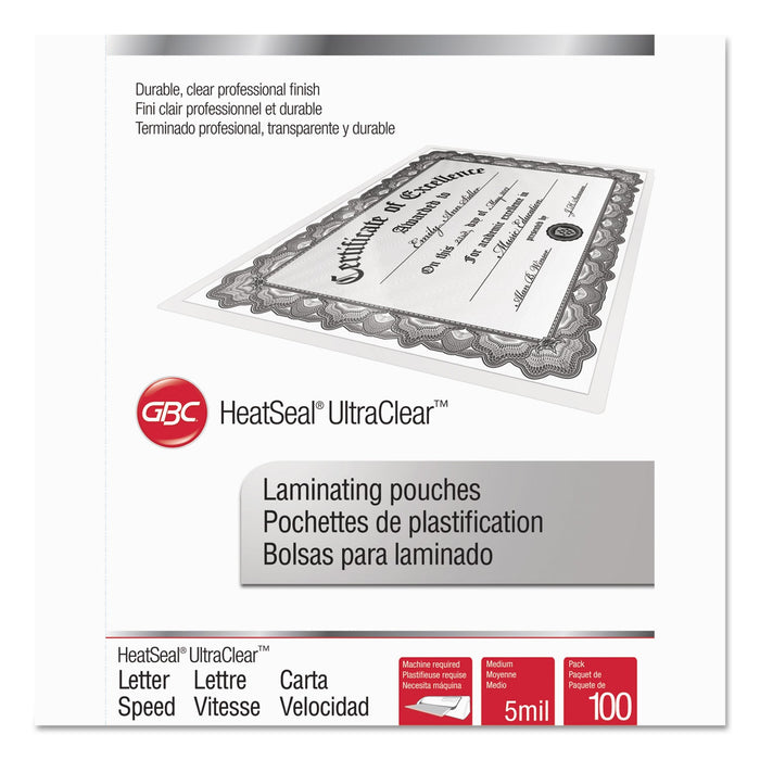 GBC UltraClear Thermal Laminating Pouches, 5 mil, 9" x 11.5", Gloss Clear, 100/Box