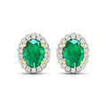 1.40 Ct Oval Green Zambian Emerald & Diamond Prong 14k Gold Halo Stud Earrings by Fine Color Jewels