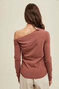 Asymmetrical Neck Ribbed Knit Top - Clay by Boutique 23