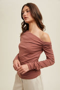 Asymmetrical Neck Ribbed Knit Top - Clay by Boutique 23