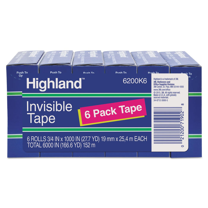 Highland Invisible Permanent Mending Tape, 1" Core, 0.75" x 83.33 ft, Clear, 6/Pack