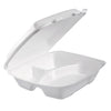 Dart Foam Hinged Lid Container, Performer Perforated Lid, 3-Compartment, 9 x 9.4 x 3, White, 100/Bag, 2 Bag/Carton