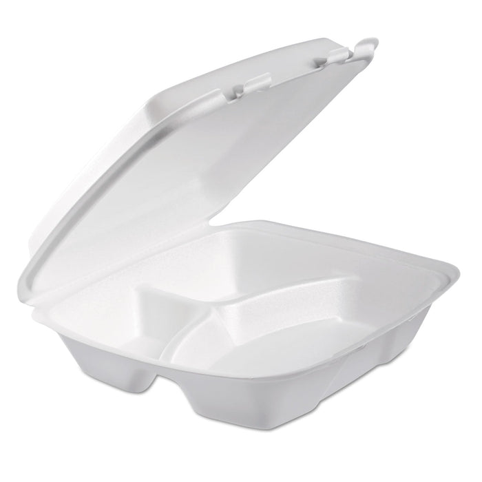 Dart Foam Hinged Lid Container, Performer Perforated Lid, 3-Compartment, 9 x 9.4 x 3, White, 100/Bag, 2 Bag/Carton