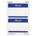 Universal "Hello" Self-Adhesive Name Badges, 3 1/2 x 2 1/4, White/Blue, 100/Pack