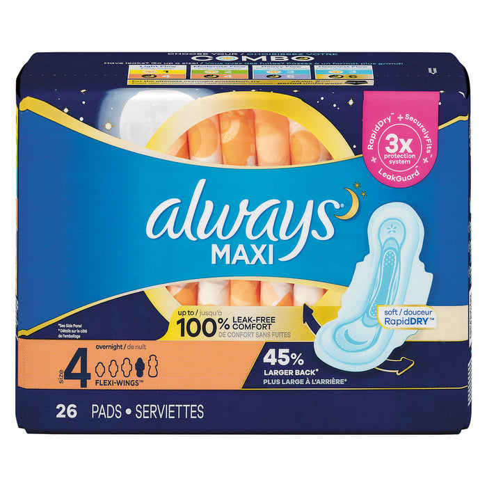Always Maxi Overnight Pads with Wings, Size 4, Unscented, 26 Count by Pasteur Pharmacy